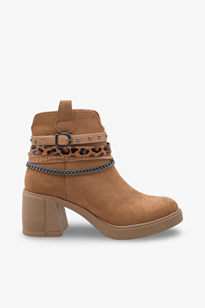 İNNABUTİKK Mojca Women's Chain Detailed Heeled Boots - Tan Suede