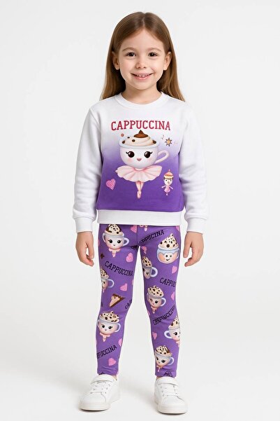 Yalçınoğlu Kids Комплект момичешки суитшърт с мотиви + чорапогащи | Мека мате...