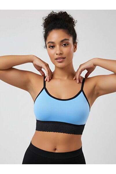 MİSTİRİK Penitro Model Six Lace Soft Fabric Thin Strap Padded Women's Bra Blue Color