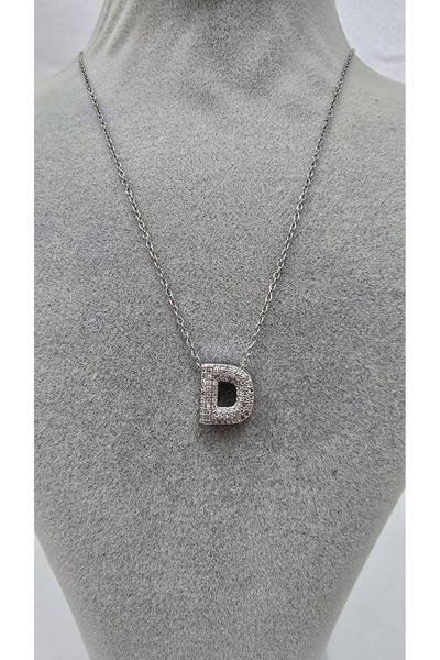 NO NAME Stainless Steel Silver Color Zircon Stone Letter Necklace -D- Letter