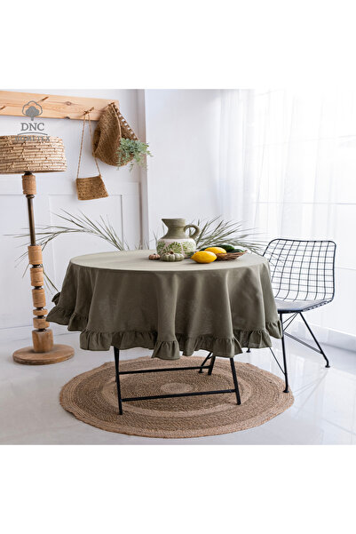 DNC HOMETEX Premium Keten Haki Fırfırlı Yuvarlak Masa Örtüsü