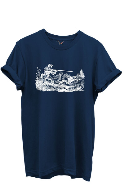 WİDİ Унисекс тениска с качула, 100% памук, с мотив на ловец и ловни кучета, п...