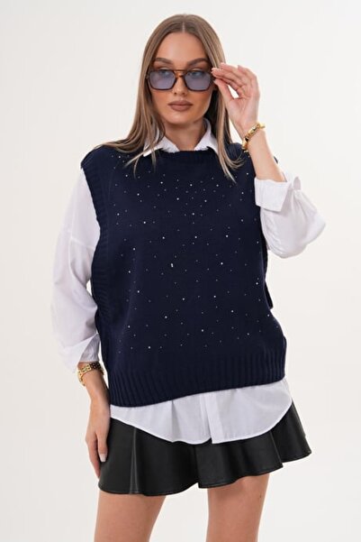 Zarif Kadın Taş İşleme Detaylı Triko Örme Süveter 255167