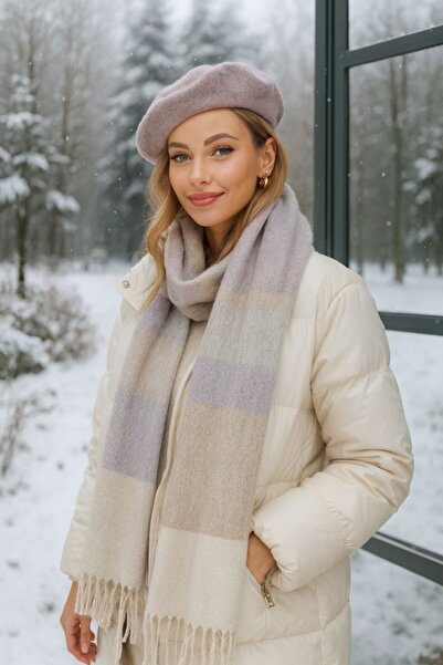 Kokoş Soft Textured Mixed Striped Lilac-Mink Thick Shoulder Shawl Scarf