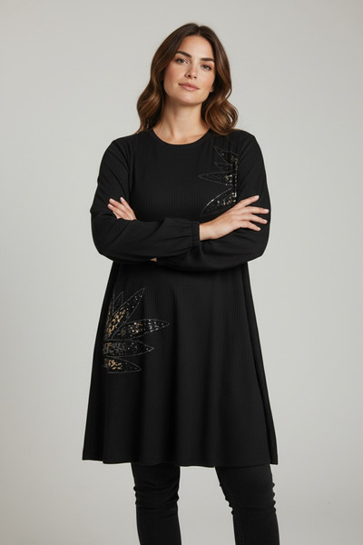 ECE GİYİM Women's Tunic with Tie at the Brow, Ribbed Knit Stone Decorations, Collagen Elastic, Oversized Size