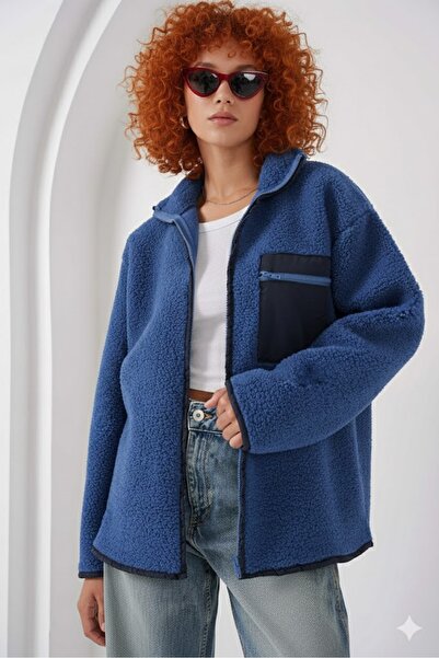 ASYAMMBUTİKK Fermuarlı Oversize Peluş Ceket - Saks Mavi