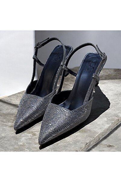 KAFKASLAR AYAKKABI New Silvery Shiny Material Open Back Closed Front Heelled Evening Shoes