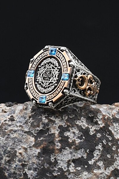 Prestige Özel Tasarım Hz. Süleyman Mührü Aquamarine Taşlı 925 Ayar Gümüş Yüzü...