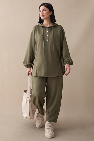 InStyle Hooded Button Double Breasted Khaki Modal Suit