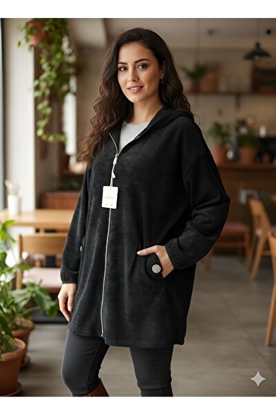 AGORATEKSTİL Women's Original Italian K Hooded Zippered Double Pocket Velvet Jacket