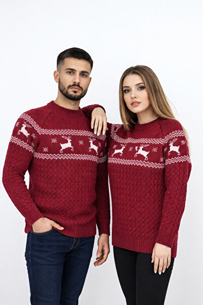 CLOUDY WEAR&DESİGN Bisiklet Yaka Uzun Kollu Yılbaşı Temalı Sevgili Kombini Bordo Triko Kazak