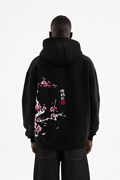 Machinist Men's Cherry Blossoms Embroidered Hooded Oversized Sweatshirt Black