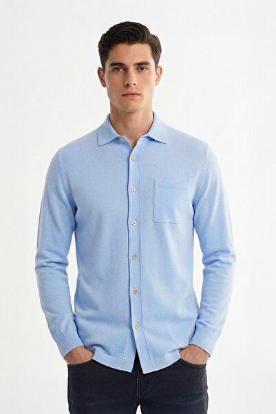 Sabri Özel Açık Mavi Regular Fit Yarım Balıkçı Yaka Gömlek