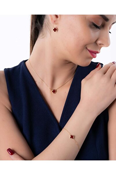 YCL JEWELLERY 8 Ayar Altın Bordo Yonca Figürlü Takı Seti