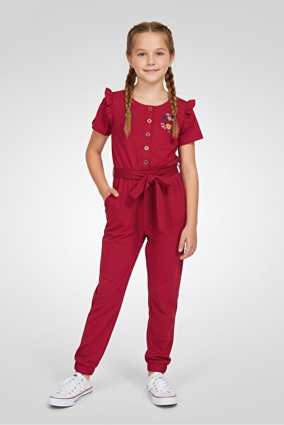 NANETTE LEPORE جمبسوت قصير الأكمام مطرز للبنات، لون عنابي