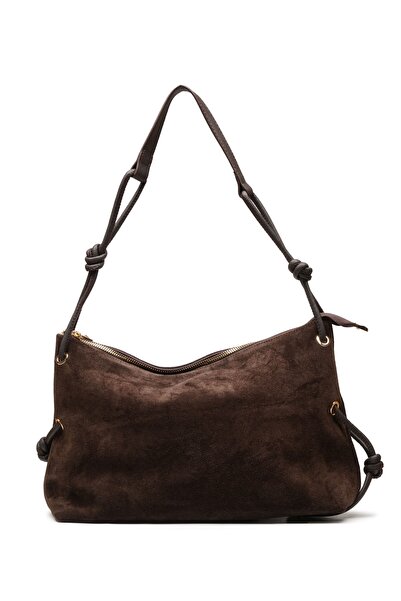LOTUSVİE Hakiki Deri Süet Düğüm Detaylı Kahverengi Omuz Çantası