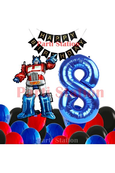 Parti Station Transformers Optimus Prime 8 Yaş Doğum Günü Balon Seti Folyo Ra...