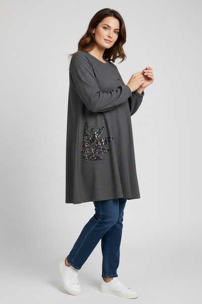 ECE GİYİM Women's Tunic with Tie at the Brow, Ribbed Knit Stone Decorations, Collagen Elastic, Oversized Size