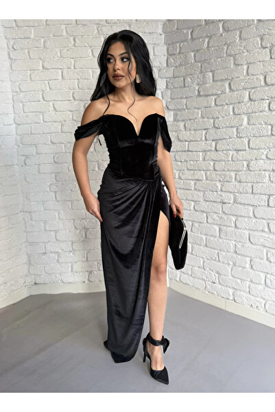 moneta boutique Γυναικείο φόρεμα με ανοιχτό ώμο άνοιγμα βελούδινο μαύρο