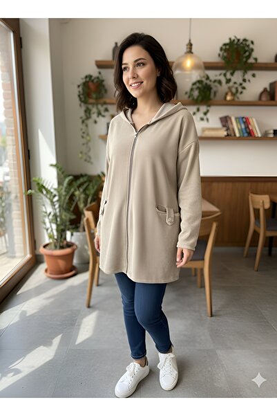 AGORATEKSTİL سترة نسائية إيطالية أصلية K بغطاء رأس بسحاب وجيب مزدوج من القطيفة