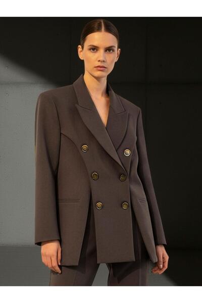 RİVUS Double Buttoned and Front Slit Detailed Blazer Jacket - Brown