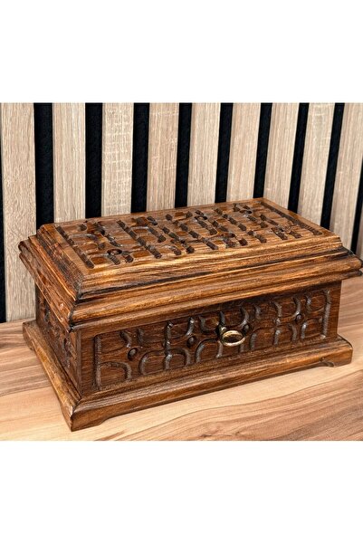 mykhediyevesanatatölyesi El Oyması Kilitli Ceviz Takı Kutusu |Kadife İç Kaplama Dekoratif Ahşap Mücevher & Özel Eşya Sandığı