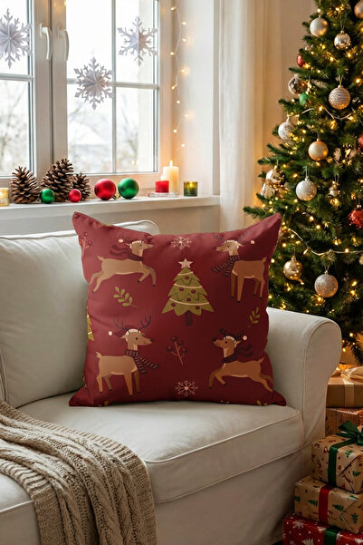 Moud's Червена коледна възглавница с мотив на северен елен Двустранно отпечат...