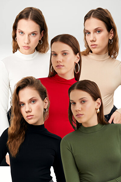 Ladima Women's Black Cream White Red Khaki 5-Piece Half Turtleneck Basic Body...