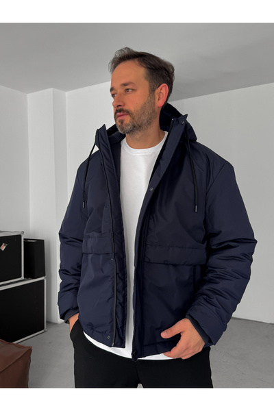 BYBASICMAN Μπλε ναυτικό με κουκούλα Φουσκωτό Παλτό LNS-50564