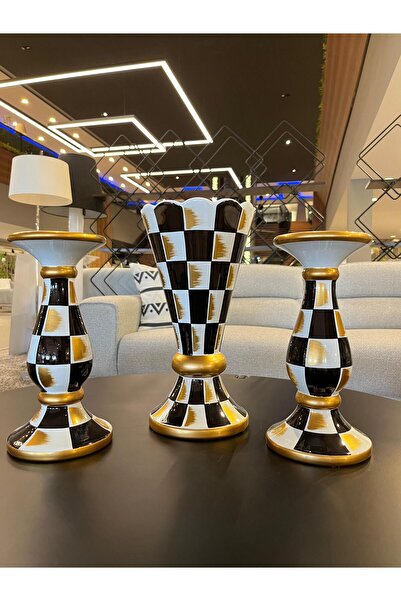 CREARTHOME 3'lü Dekoratif Siyah Beyaz Vazo Gold-Siyah-Beyaz