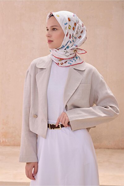 Belli Beyaz Obje Desen %100 Twill İpek Eşarp 4121 - 02