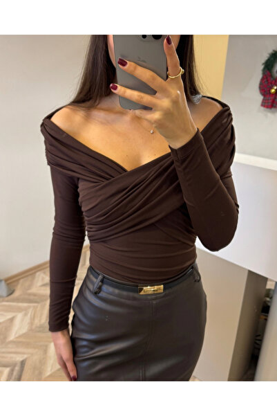 her place Omuz dekoltekli drapeli kahvrengi Bluz