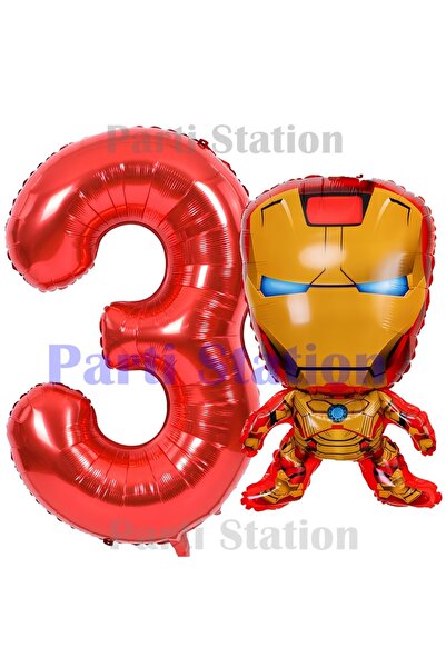 Parti Station Avengers Iron Man 3 Years Old Red Foil Number Balloon Set