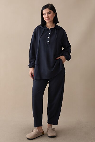 InStyle Hooded Button Double Breasted Navy Blue Modal Suit