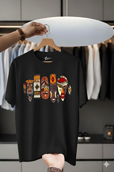 İnazuma Outdoors Unisex Oversized Printed Cotton Crew Neck Short Sleeve Black T-Shirt Matryoshka