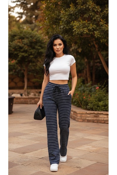 Miyalon Buy Elasticated Plaid Sweatpants with Wide Legs.