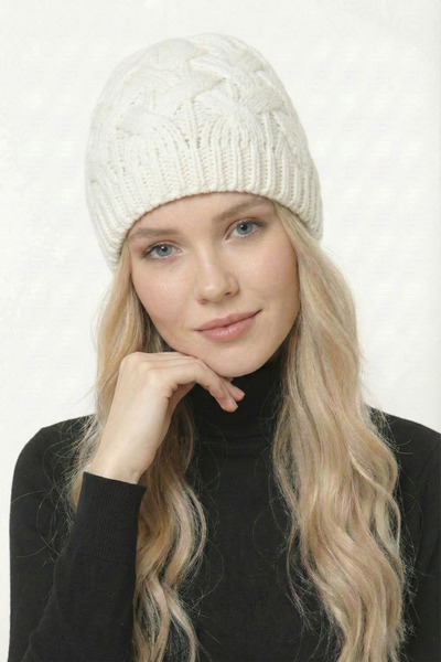 FATELLA Women's Ecru Color Hair Braid Patterned Winter Knitwear Beanie - Soft...