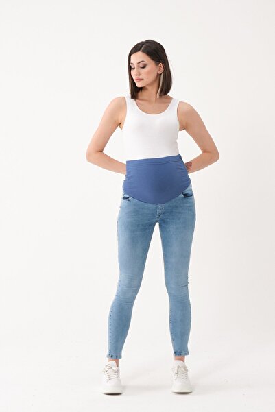 BUSA Maternity Stretchy Belly Band Adjustable Waist Skinny Jeans Light Blue
