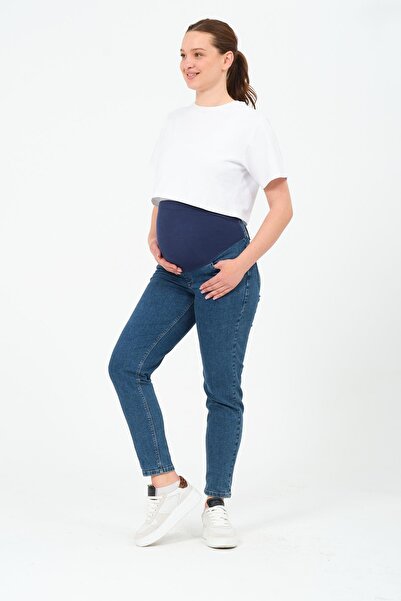 BUSA Maternity Stretchy Belly Band Adjustable Waist Mom Fit Pants Blue