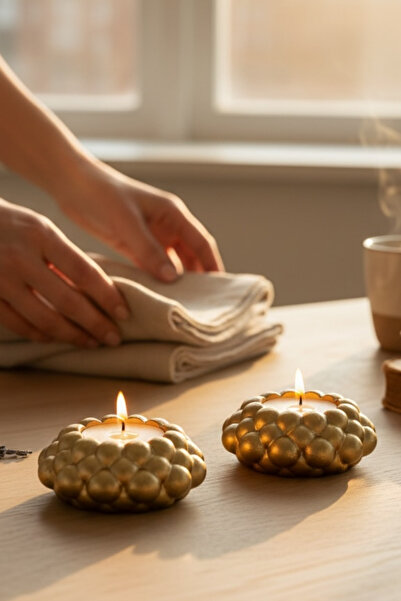 ardesta El Yapımı Baloncuklu İkili Tealight Mumluk | Taş Tozu, Seramik Görünü...