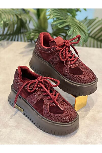 KRISTE BELL - KALIN TABAN KADİFE TAŞLI BORDO SPOR AYAKKABI