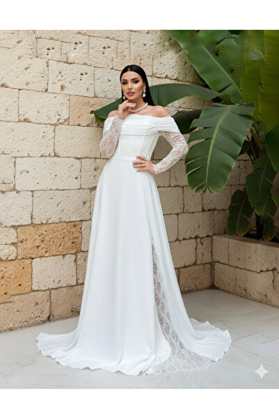 MAKKASMODA TÜL KOLLU KAYIK DRAPE YAKALI SATEN KUMAŞ GENİŞ ETEKLİ ABİYE ELBİSE