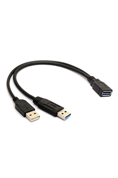 Generic كابل تمديد Y أسود اللون، من منفذ USB 3.0 أنثى إلى منفذي USB ذكر، مزود بمصدر طاقة إضافي لنقل البيانات.