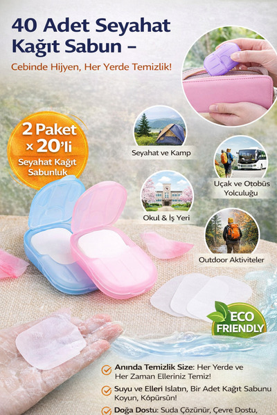 Hane Dostu 2 Set 40 Adet Seyahat Kağıt Sabun – Cebinde Hijyen, Her Yerde Temi...