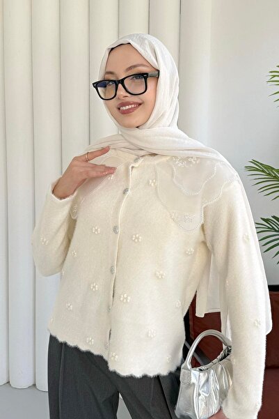 Hatun Atila Authentic Lace Collar Knitwear Cardigan 2624 - Ecru