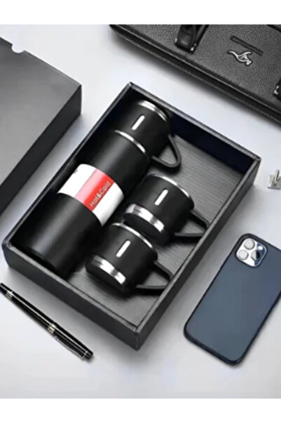 OEM 3-piece set: 500 ml double-walled thermos with airtight closure + 2 cups, stainless steel