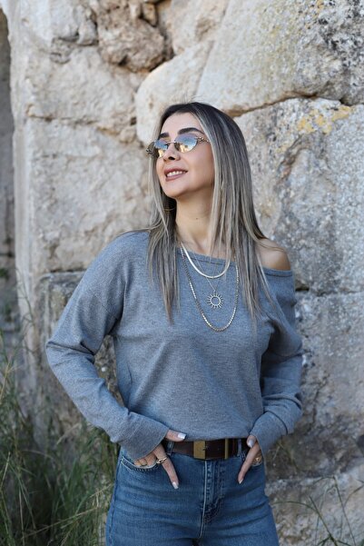 bytugcekaya Gray Standard Size One-Shoulder Open Knit Sweater