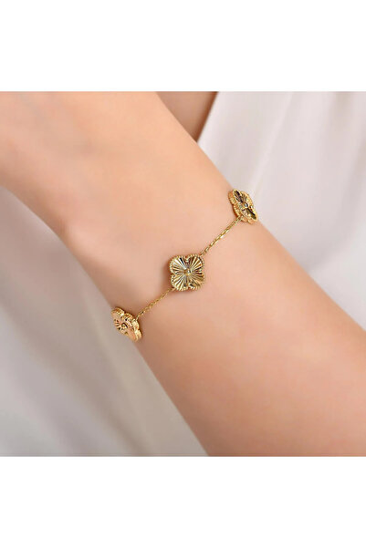 vogutima Erkek Kadın Gümüş Bileklik - 4 Yapraklı Yonca 5'li Lazerli Model Gold Kaplama • Işıklı Kutuda