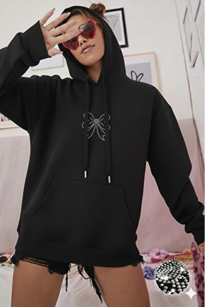 NO 601 Γυναικείο χειμερινό φούτερ με κουκούλα με μαύρο φιόγκο Trock Stone