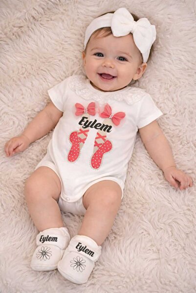 BY TUNA DESİGN İsimli Kız Bebek Zıbın, Patikve Saç Bandı 3'lü Kombin Set